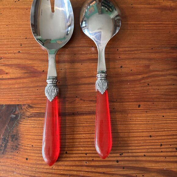 Ruby Red Handled Salad Serving Untensils/Sporks 10 Inches Clear Red Handles - Picture 3 of 11
